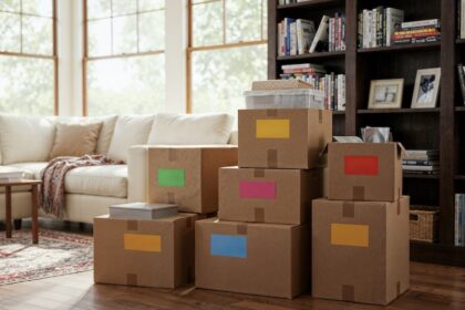 Flyttkartonger i vardagsrum